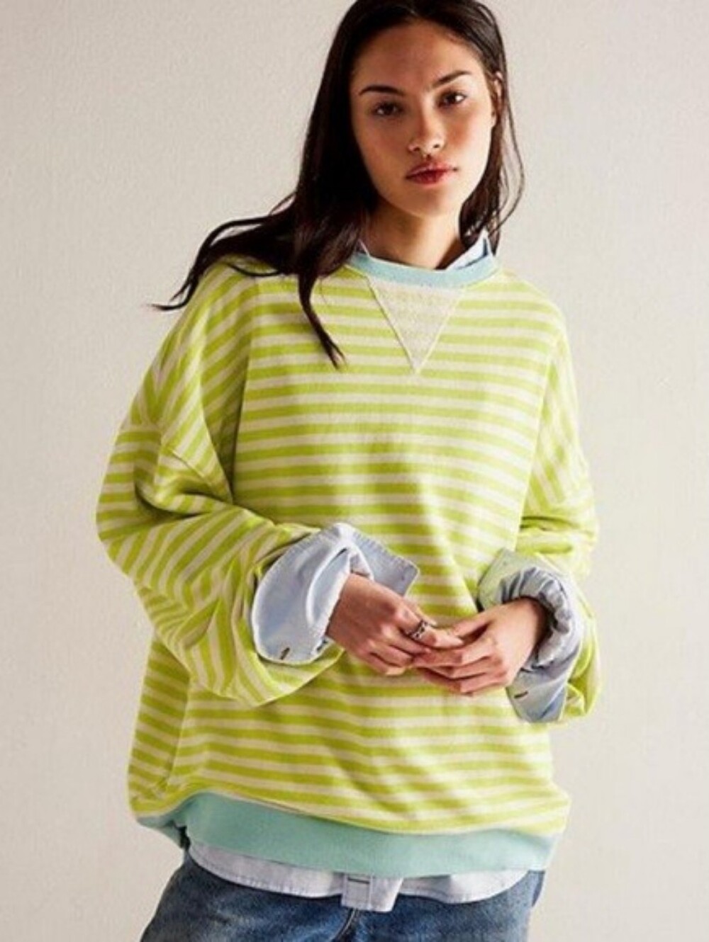 We The Free People Sweatshirt Viral Green White Blue Striped XS Extra Small